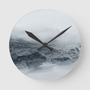 Abstract 3D Impasto Black Grey Mountain Wave Acryl Round Clock