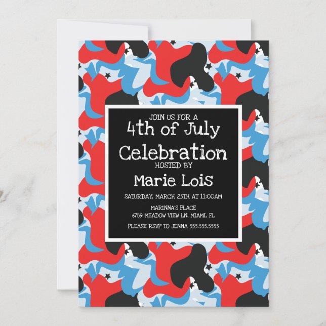 Abstract 4th of July  Stars Black Red Blue Invitation (Front)