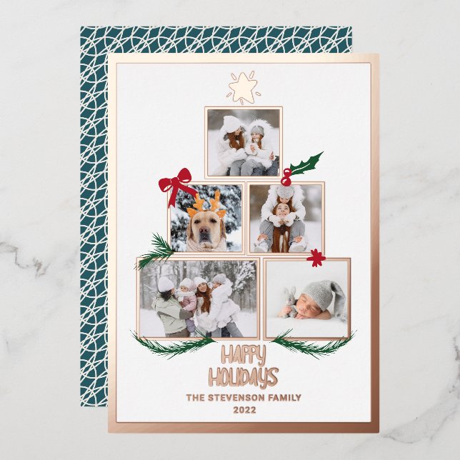 Abstract 5 photos Christmas tree happy holidays Foil Holiday Card (Front/Back)
