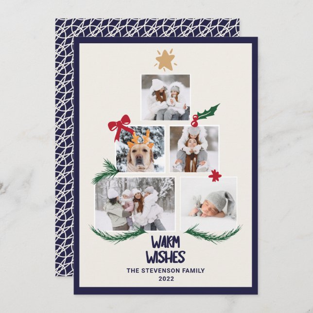 Abstract 5 photos Christmas tree navy ecru wishes Holiday Card (Front/Back)
