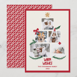 Abstract 5 photos Christmas tree red ecru wishes Holiday Card