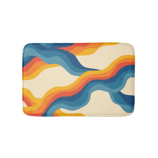 Abstract 70s Retro Orange Blue Wavy Stripe Pattern Bath Mat (Front)