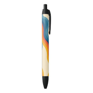 Abstract 70s Retro Orange Blue Wavy Stripe Pattern Black Ink Pen