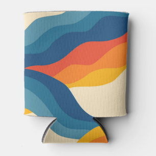 Abstract 70s Retro Orange Blue Wavy Stripe Pattern Can Cooler