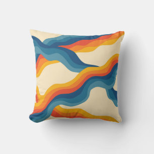 Abstract 70s Retro Orange Blue Wavy Stripe Pattern Cushion