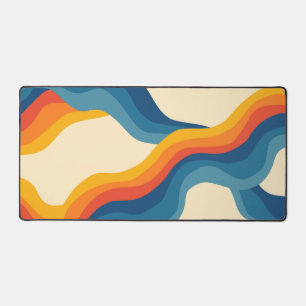 Abstract 70s Retro Orange Blue Wavy Stripe Pattern Desk Mat