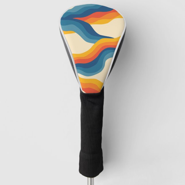 Abstract 70s Retro Orange Blue Wavy Stripe Pattern Golf Head Cover (Front)