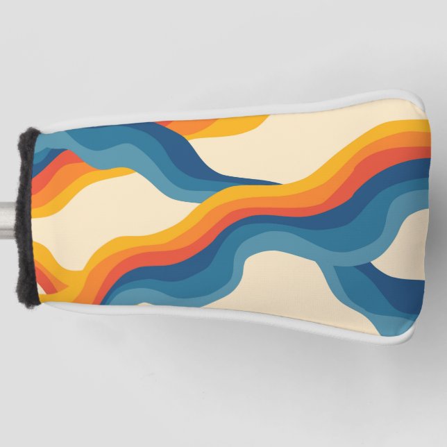 Abstract 70s Retro Orange Blue Wavy Stripe Pattern Golf Head Cover (Front)