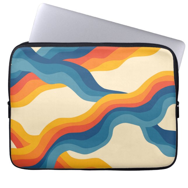 Abstract 70s Retro Orange Blue Wavy Stripe Pattern Laptop Sleeve (Front)