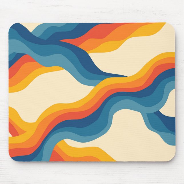 Abstract 70s Retro Orange Blue Wavy Stripe Pattern Mouse Mat (Front)