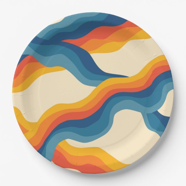 Abstract 70s Retro Orange Blue Wavy Stripe Pattern Paper Plate (Front)