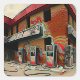 Abstract Abandoned Gas Station Ai Art Square Sticker