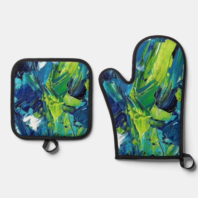 Abstract Acrylic Paint in Blue Oven Mitt & Pot Holder Set (Front)