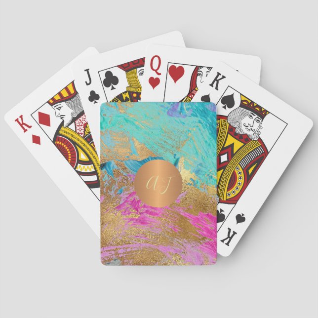Abstract acrylic painting copper gold monogrammed playing cards (Back)