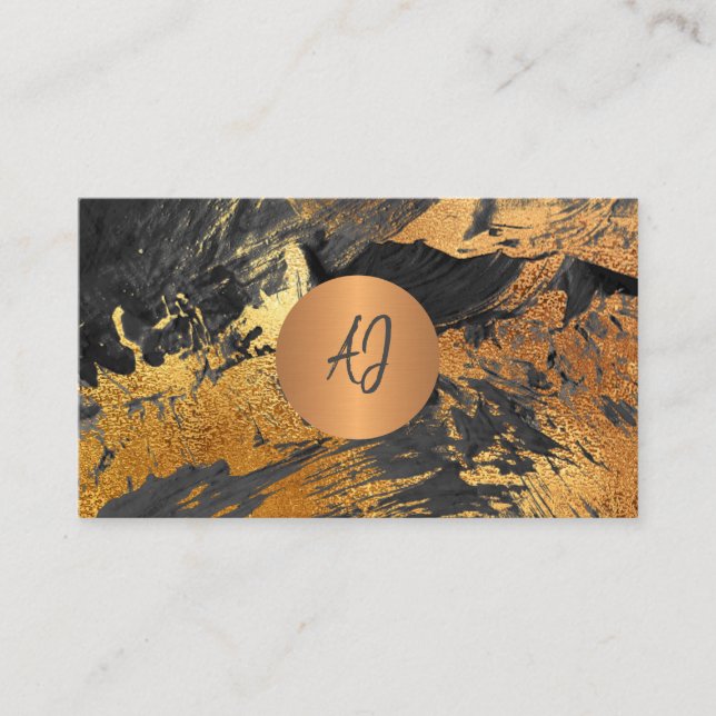 Abstract acrylic painting gold black monogrammed business card (Front)