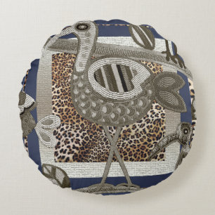 Abstract African Jungle Birds Round Cushion
