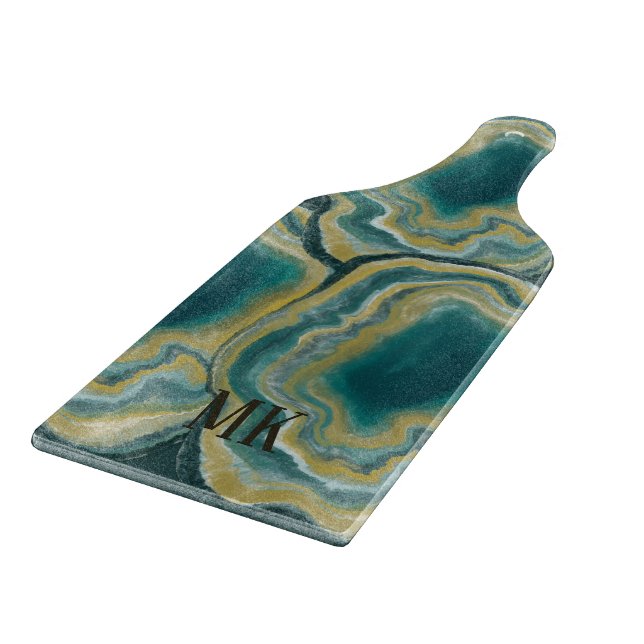 Abstract Agate Green and Gold Marble Swirl Cutting Board (Corner)