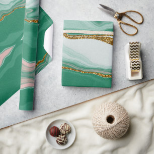Abstract Agate Green and Gold Marble Swirl Wrapping Paper