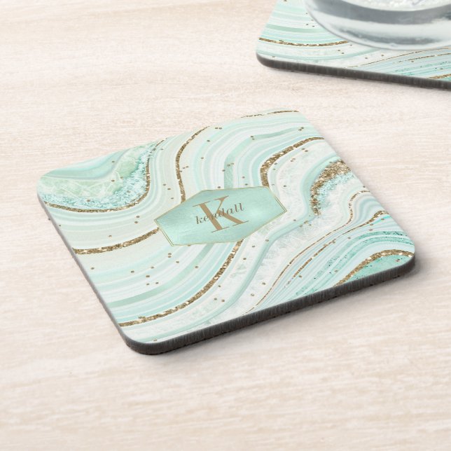 Abstract Agate Monogram Mint ID827 Coaster (Left Side)