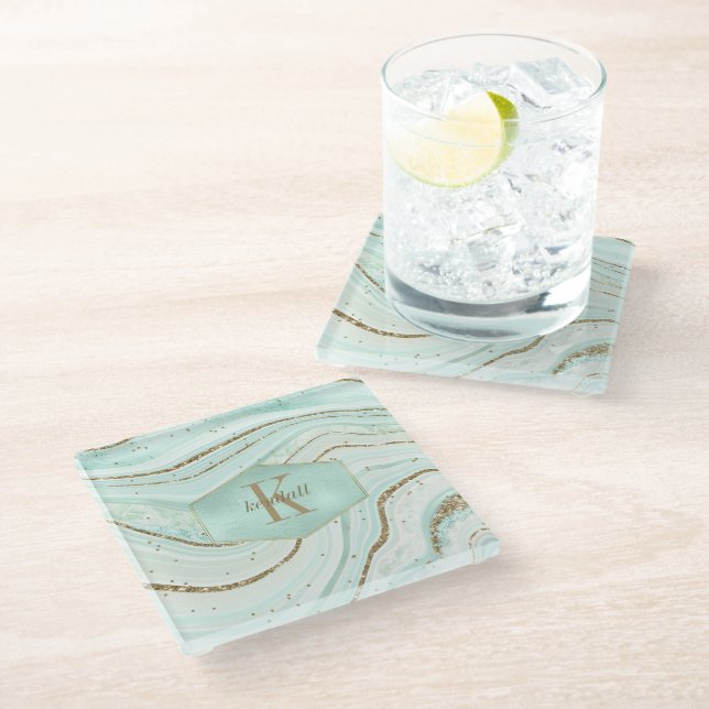 Abstract Agate Monogram Mint ID827 Glass Coaster (Angled)