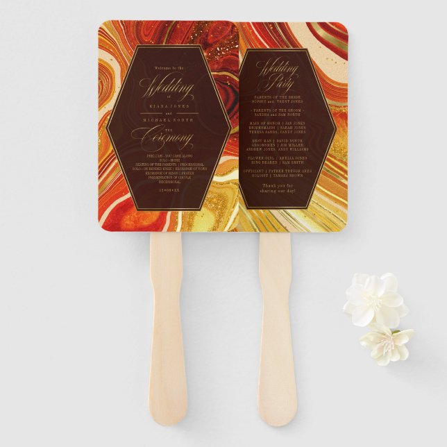 Abstract Agate Wedding Ceremony Hot Orange ID827 Hand Fan (Front and Back)