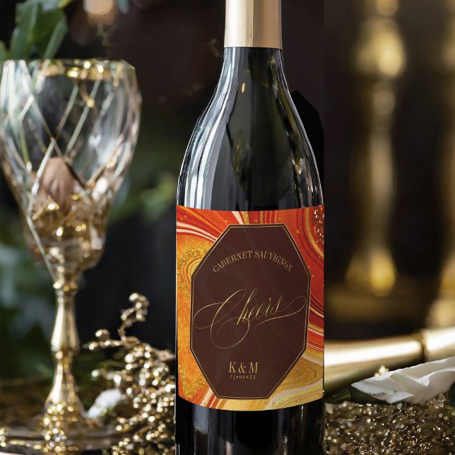 Abstract Agate Wedding Cheers Hot Orange ID827 Wine Label (Creator Uploaded)
