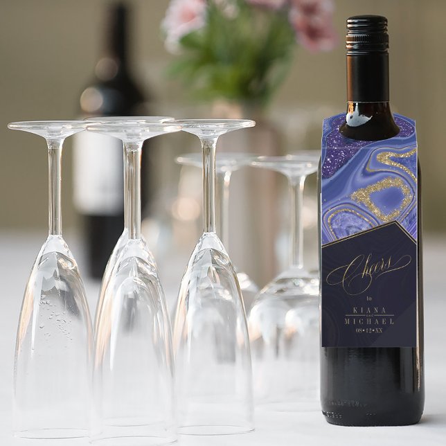 Abstract Agate Wedding Cheers Midnight ID827 Bottle Tag (Wine Bottle In Situ)