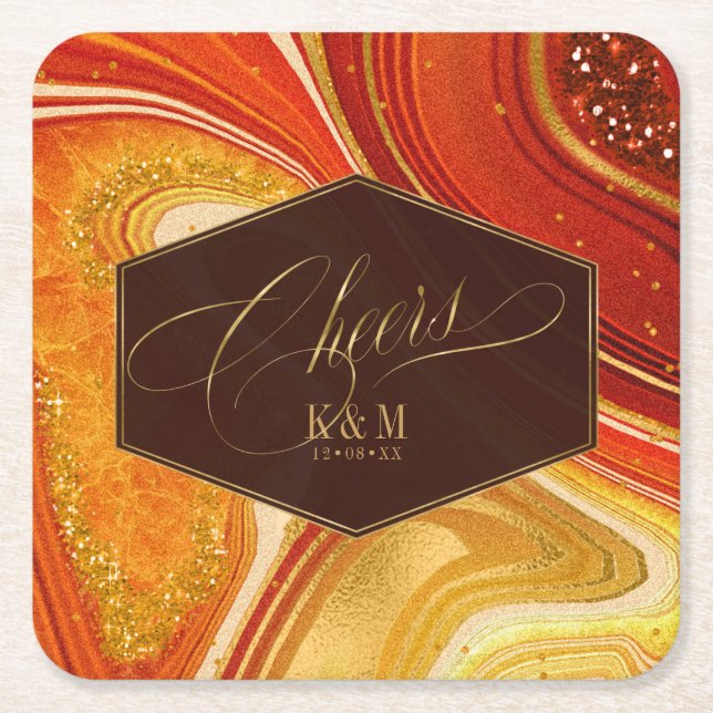 Abstract Agate Wedding Cheers V1 Hot Orange ID827  Square Paper Coaster (Front)