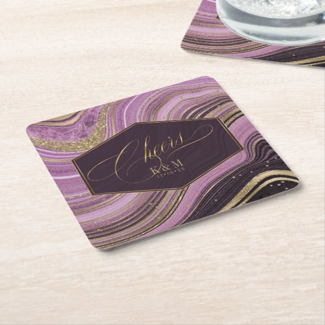 Abstract Agate Wedding Cheers V1 Mauve ID827 Square Paper Coaster (Angled)