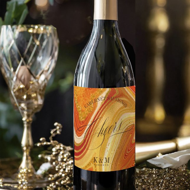 Abstract Agate Wedding Cheers V2 Hot Orange ID827 Wine Label (Creator Uploaded)