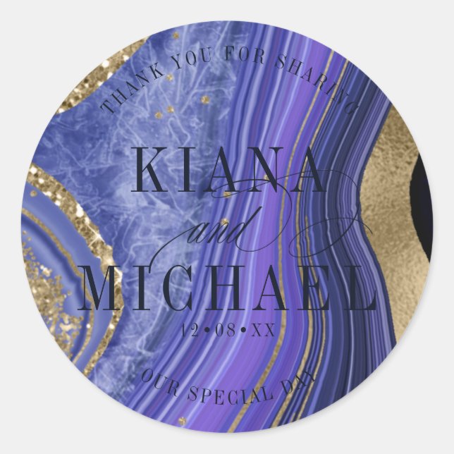 Abstract Agate Wedding Midnight ID827 Classic Round Sticker (Front)