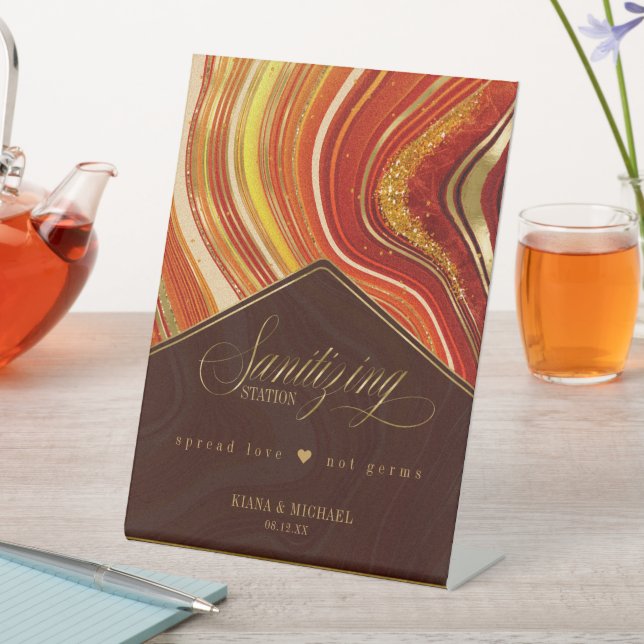 Abstract Agate Wedding Sanitising Hot Orange ID827 Pedestal Sign (In SItu)