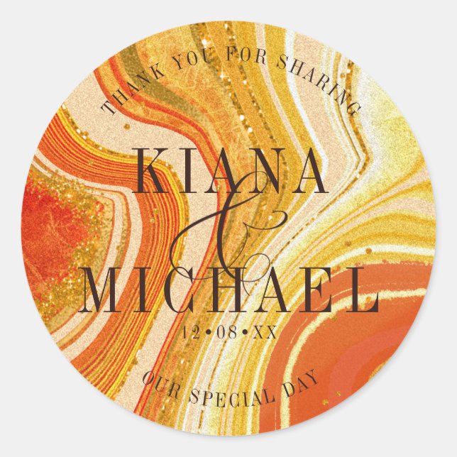 Abstract Agate Wedding Thank You Hot Orange ID827  Classic Round Sticker (Front)