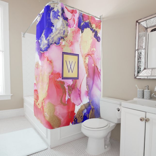 Abstract Alcohol Art Purple Gold Monogram Shower Curtain (In Situ)