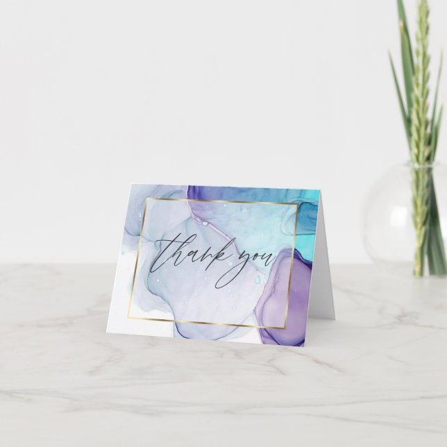 Abstract Alcohol Ink Aqua Purple Thank You Card (Front)