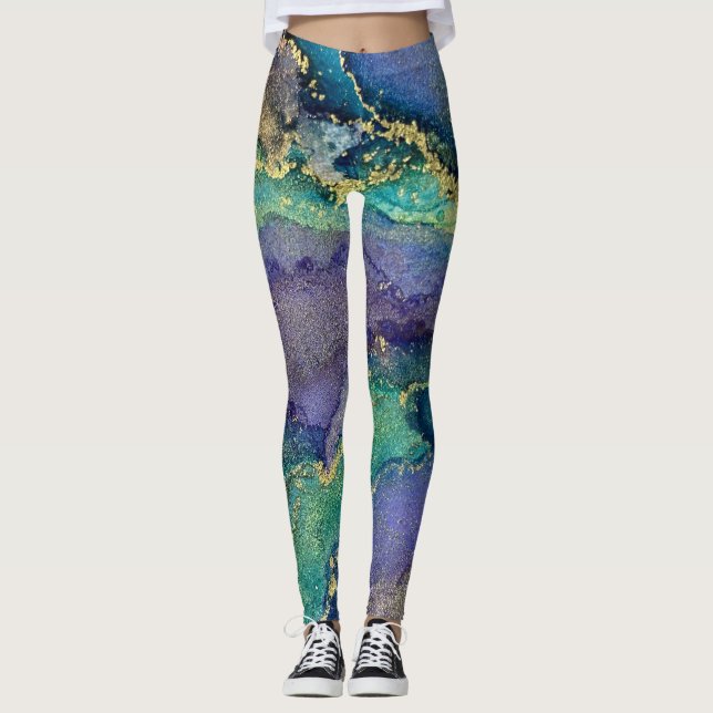 Abstract Alcohol Ink Art Blue Green Purple & Gold Leggings (Front)