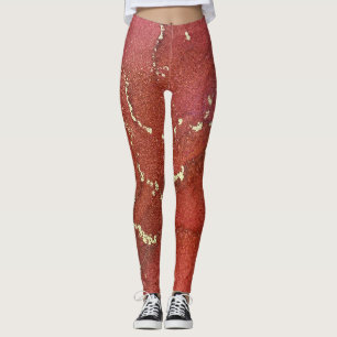 Abstract Alcohol Ink Art Bright Red and Gold Leggings