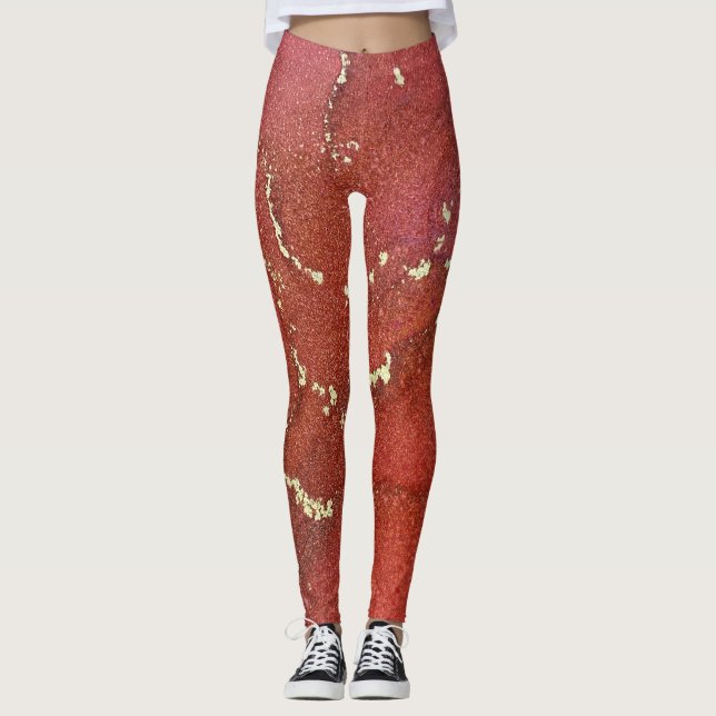 Abstract Alcohol Ink Art Bright Red and Gold Leggings (Front)