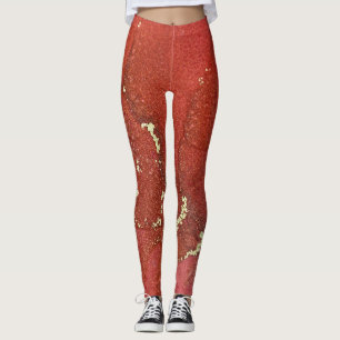 Abstract Alcohol Ink Art Bright Red and Gold Leggings