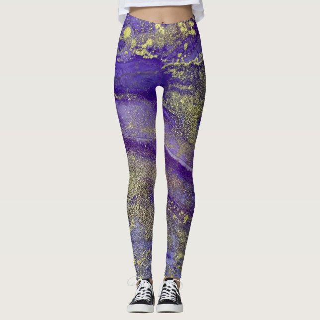 Abstract Alcohol Ink Art Rich Purples with Gold Leggings (Front)