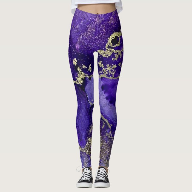 Abstract Alcohol Ink Art Rich Purples with Gold Leggings (Front)