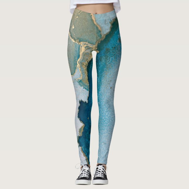 Abstract Alcohol Ink Art Rich Teal & Gold Leggings (Front)
