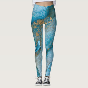 Abstract Alcohol Ink Art Rich Teal & Gold Leggings
