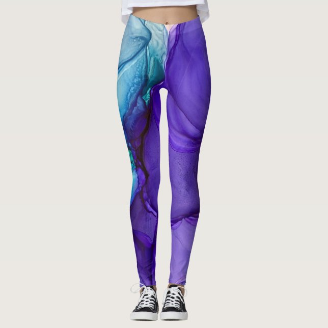 Abstract Alcohol Ink Art Rich Teal & Purple Leggings (Front)
