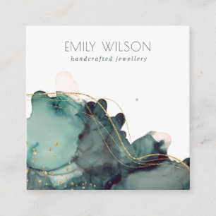 Abstract Alcohol Ink Gold Green Earring Display Square Business Card