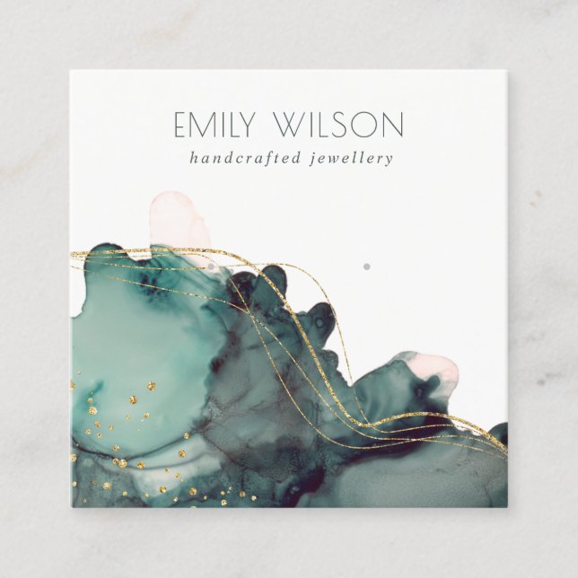 Abstract Alcohol Ink Gold Green Earring Display Square Business Card (Front)