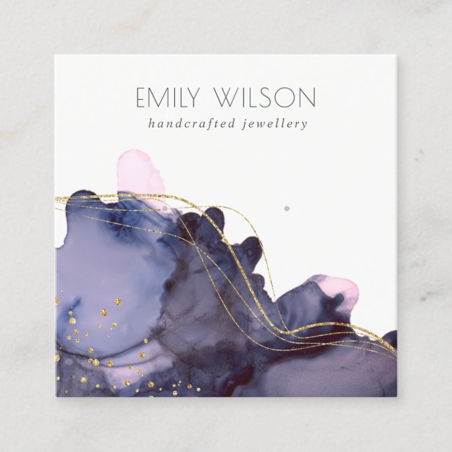 Abstract Alcohol Ink Gold Navy Earring Display Square Business Card (Front)