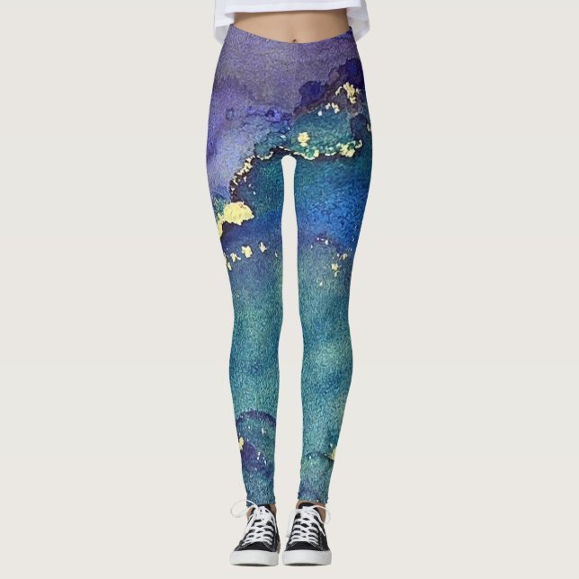 Abstract Alcohol Ink Green Purple Blue & Gold Leggings (Front)