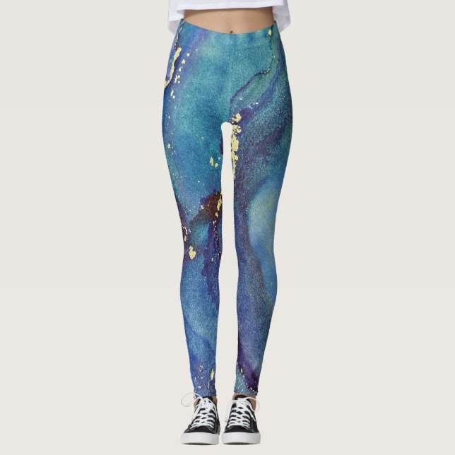 Abstract Alcohol Ink Green Purple Blue & Gold Leggings (Front)