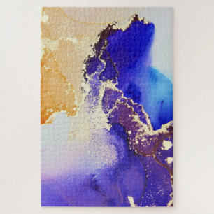 Abstract Alcohol Ink Royal Blue Citrus Brass Jigsaw Puzzle